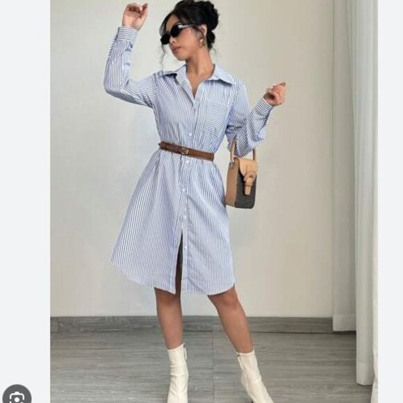 Blue and White stripe shirt dress midi with tan belt size medium 6-8 - Picture 1 of 13